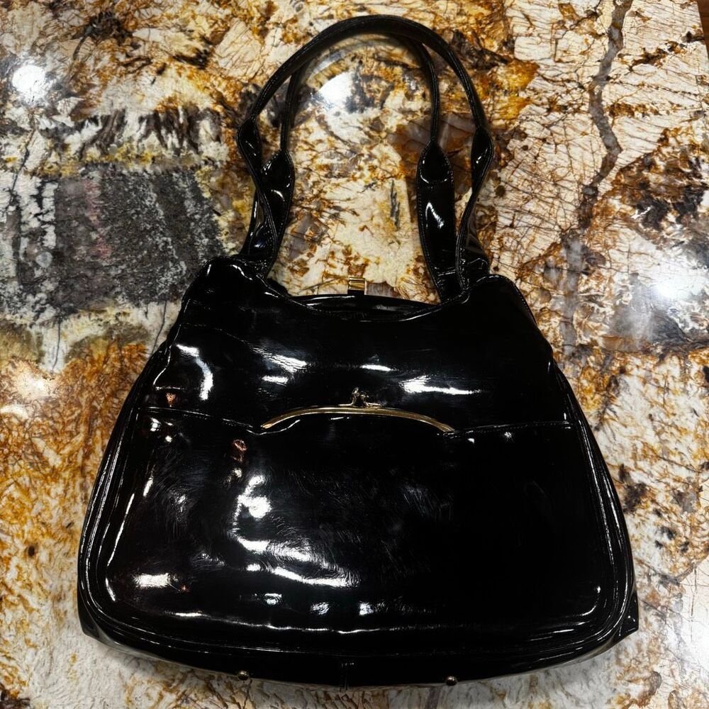 Vintage 1950s Black Patent Leather Structured Handbag | Three Compartment | Kiss